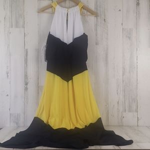 London Times navy yellow white color block chevron halter maxi dress Size 8 NWT